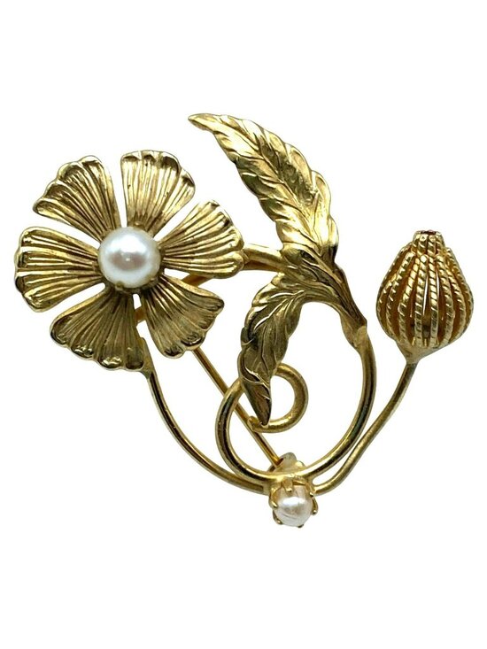 Jewelry - Flower Floral Brooch Faux Pearl Accents Mid Century Modern MCM Gold Tone Brass